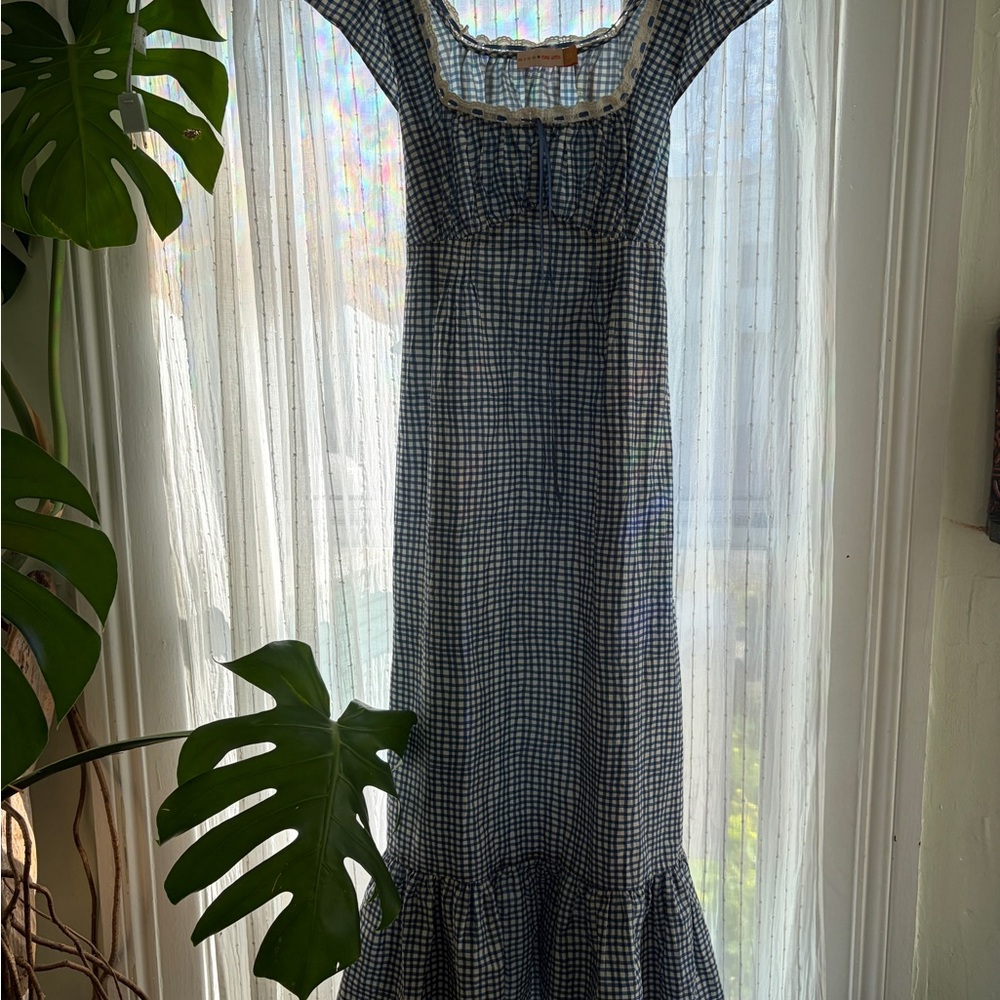 RIXO Navy and White Checkered Midi Dress